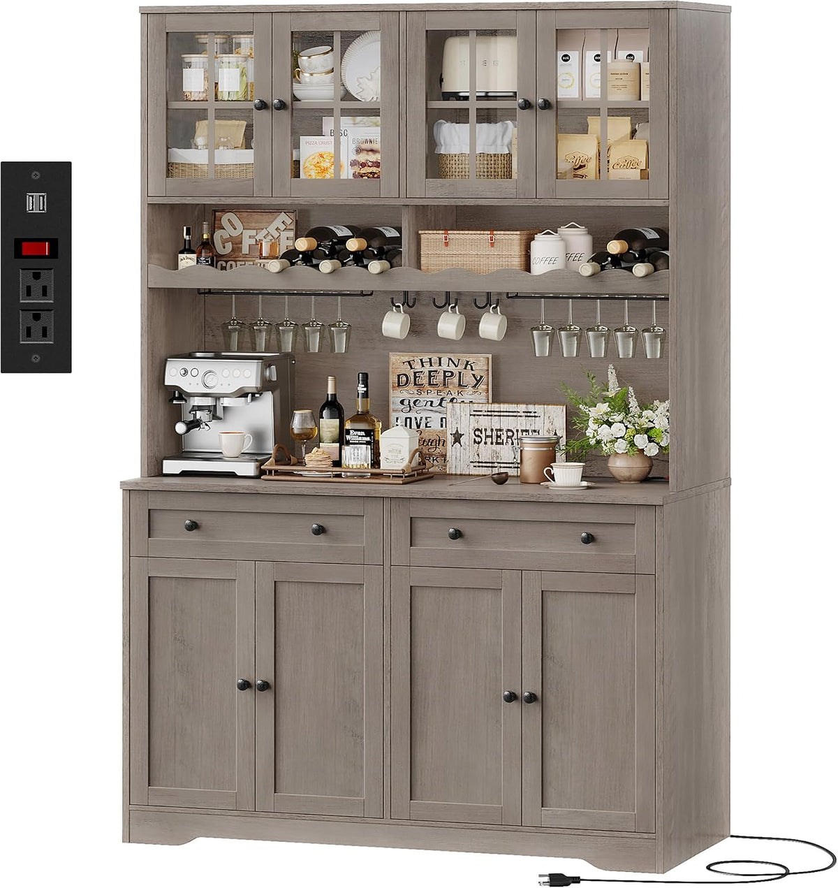 HOSTACK Kitchen Pantry Storage Cabinet, Coffee Bar Hutch Cabinet, Ash Gray | 75.4" Tall Pantry Cabinet with Charging Station / Countertop / Glass Doors / Wine Rack / Cup Holder / Drawers, Dining Room