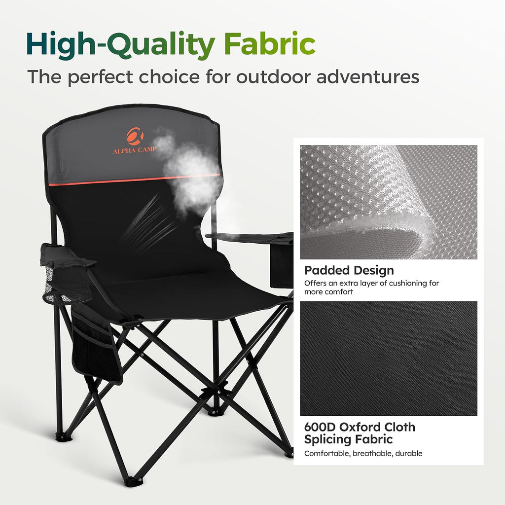 ALPHA CAMP Folding Camping Chair for Adults Lawn Chair for Camping Outdoor | Support 250 LBS Portable Camp Chairs with Cup Holders Cooler Pouch 2 Pack