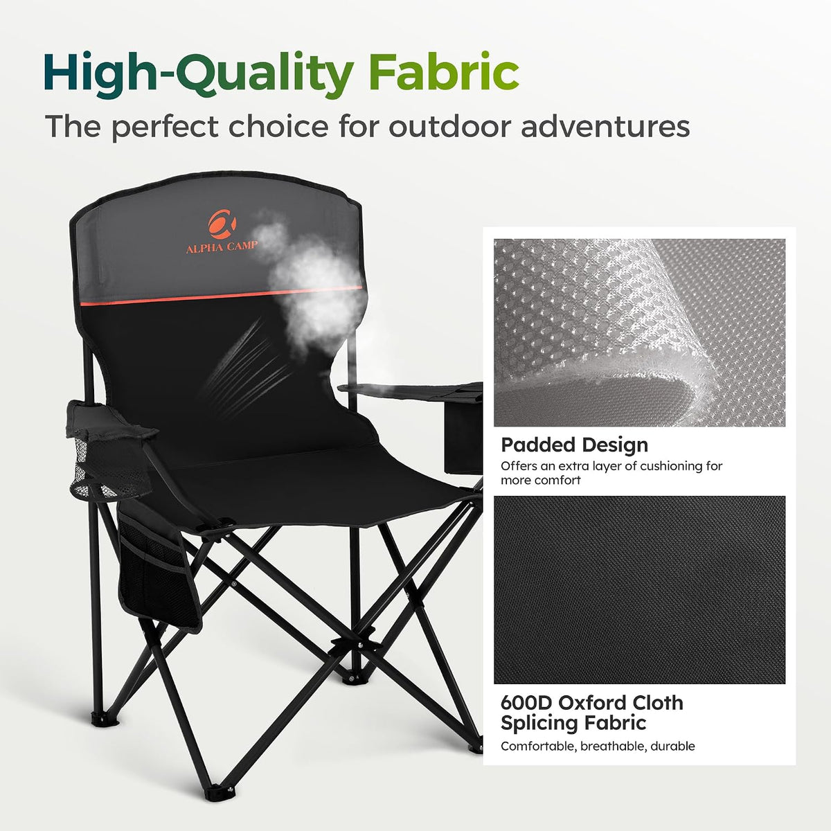 ALPHA CAMP Folding Camping Chair for Adults Lawn Chair for Camping Outdoor | Support 250 LBS Portable Camp Chairs with Cup Holders Cooler Pouch 2 Pack