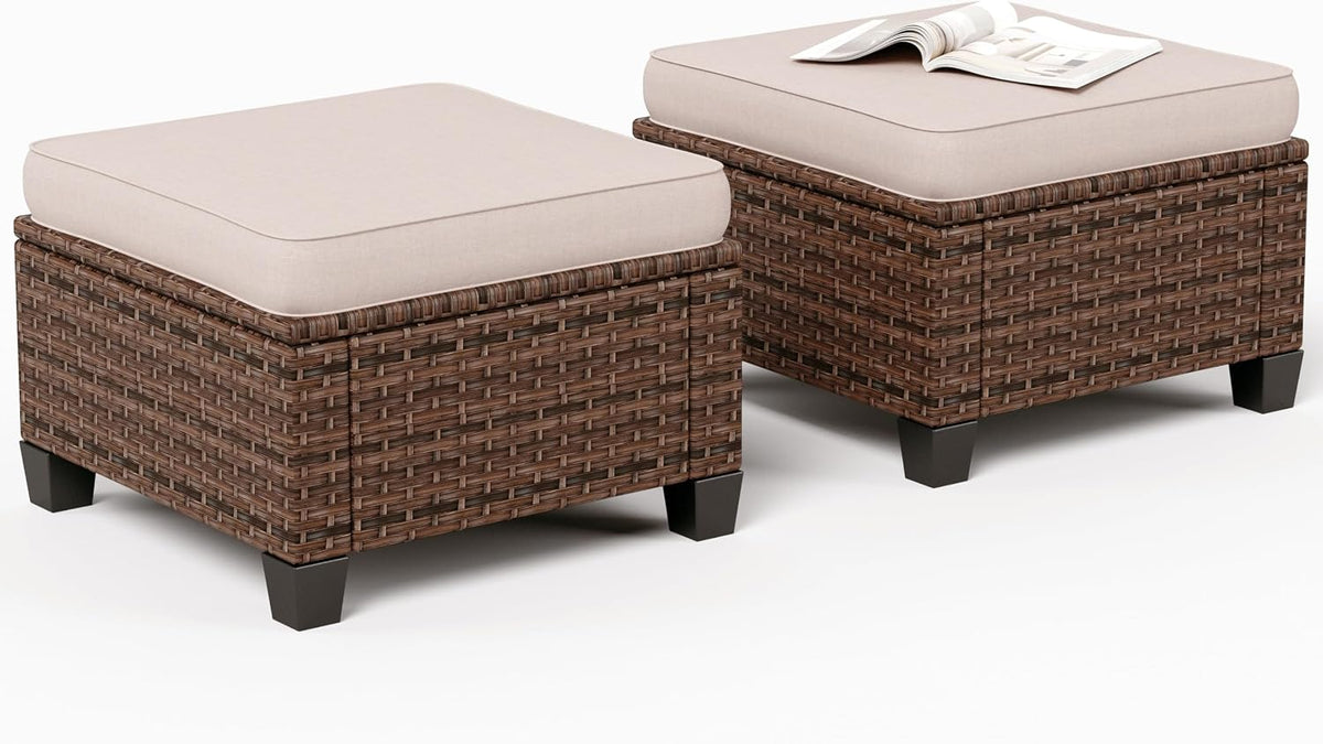 SUNSHINE VALLEY Outdoor Patio Ottomans,2 Pieces All Weather Wicker Ottomans with 4" Thick Cushions for Garden,Lawn, Backyard,Beige