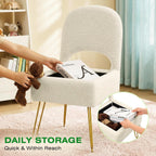 Vanity Stool with Storage & Folding Backrest, Cute White Faux Fur Makeup Stool Ottoman, Comfy Padded Chair for Bedroom, Adjustable Back & Plush Cushion Seat, 16.6" Wide 11L Storage Space