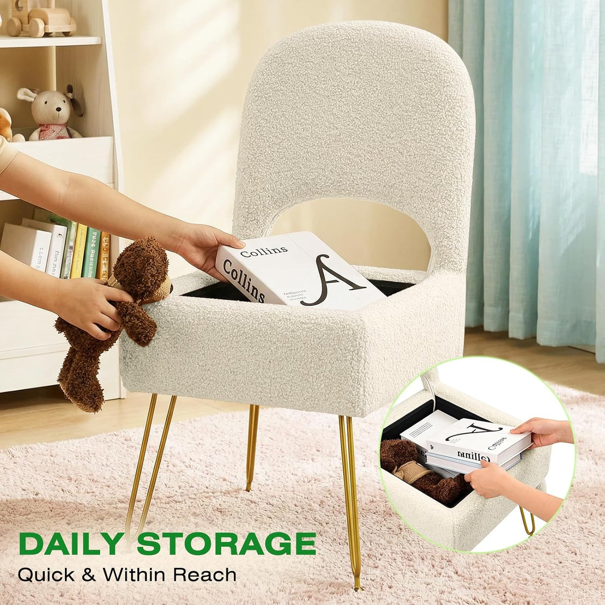 Vanity Stool with Storage & Folding Backrest, Cute White Faux Fur Makeup Stool Ottoman, Comfy Padded Chair for Bedroom, Adjustable Back & Plush Cushion Seat, 16.6" Wide 11L Storage Space