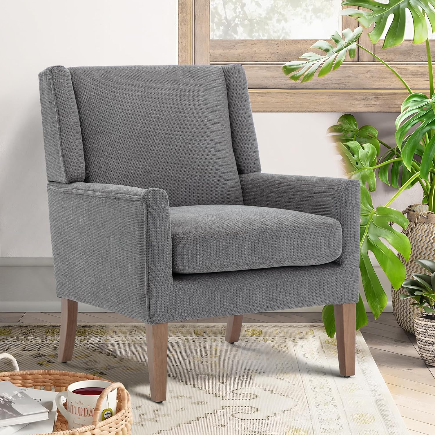 COLAMY Modern Wingback Living Room Chair Set of 2, Upholstered Fabric Accent Armchair, Single Sofa Chair with Lounge Seat and Wood Legs for Bedroom/Office/Reading Spaces, Gery