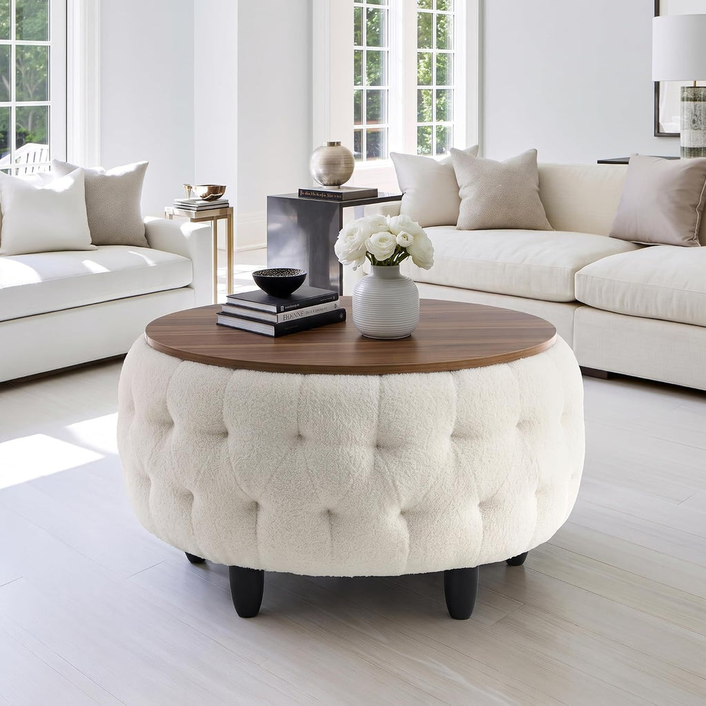 Large Round Storage Ottoman Coffee Table with Wooden Tabletop, 32 Inches Teddy Fleece Tufted Ottoman for Living Room, Bedroom, Apartments (White)