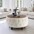 Large Round Storage Ottoman Coffee Table with Wooden Tabletop, 32 Inches Teddy Fleece Tufted Ottoman for Living Room, Bedroom, Apartments (White)