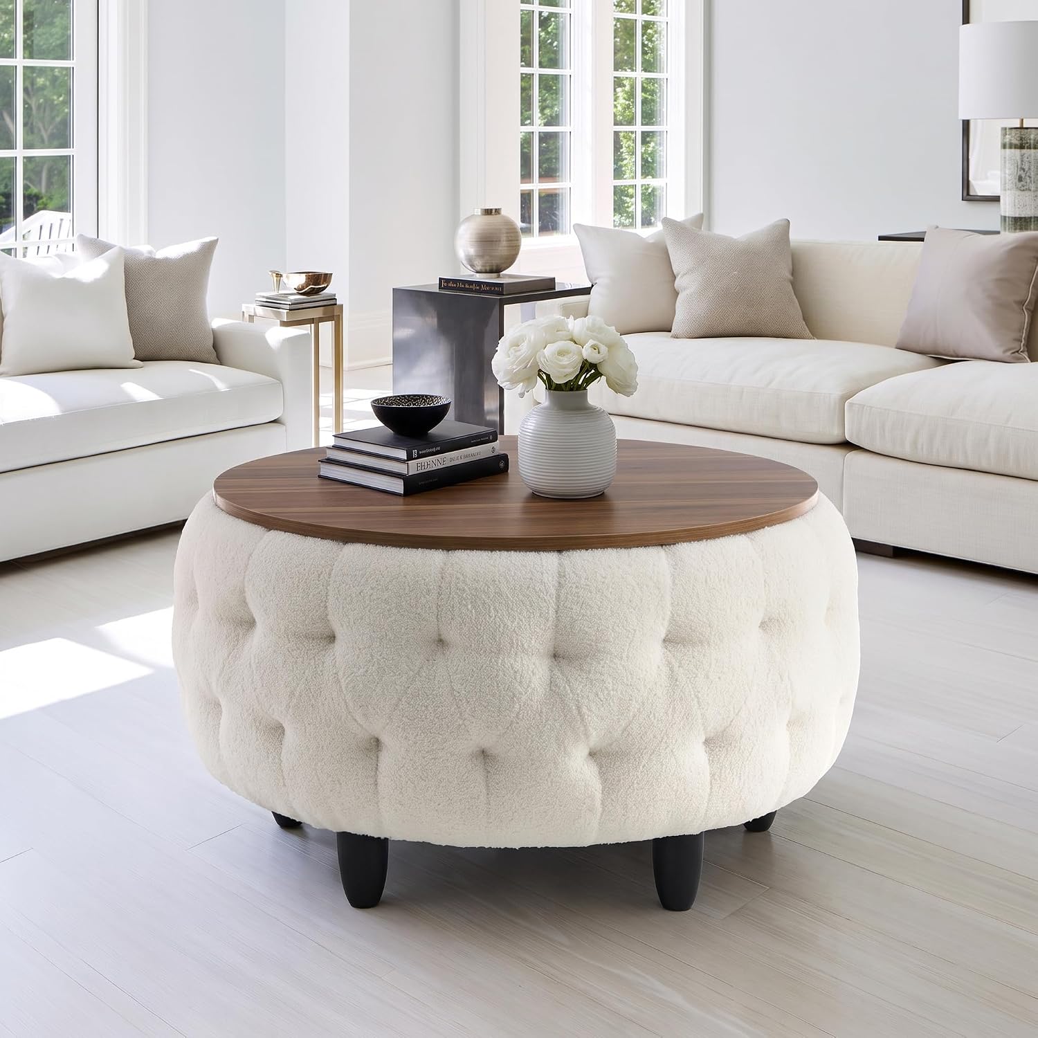 Large Round Storage Ottoman Coffee Table with Wooden Tabletop, 32 Inches Teddy Fleece Tufted Ottoman for Living Room, Bedroom, Apartments (White)