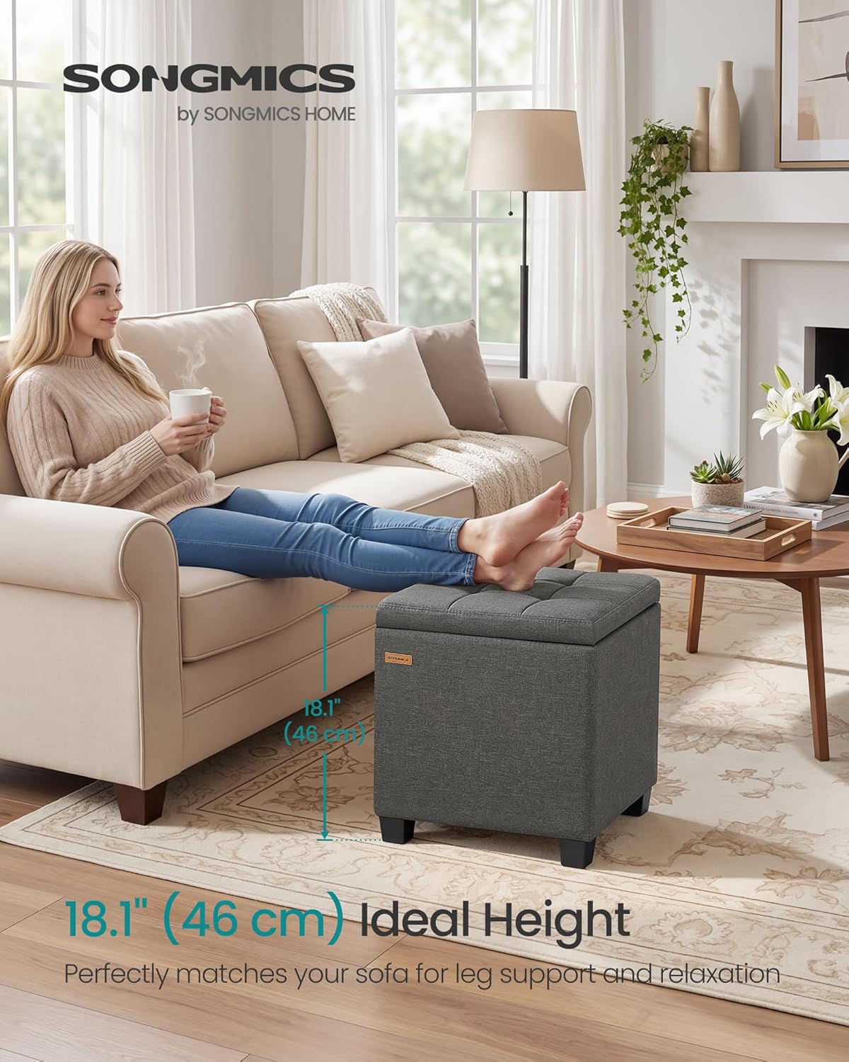SONGMICS Square Storage Ottoman with Hinged Lid, 16.9 x 16.9 x 18.1 Inches | Foot Stool Footrest with Legs, Cube, Linen-Look Fabric, for Living Room, Bedroom, Grey, MACEO Collection ULOM509GN01