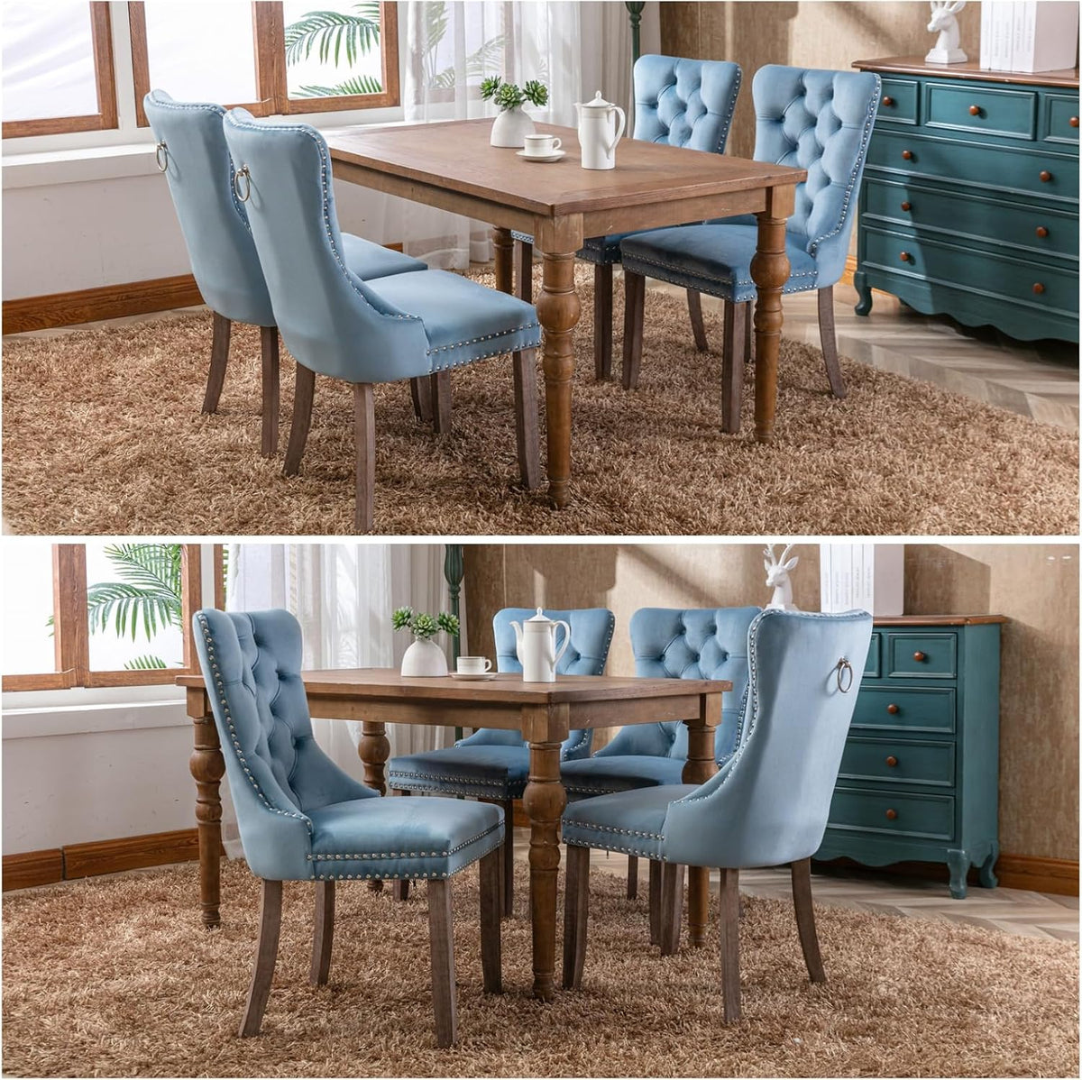 Dining Chairs Set of 2, Dining Chair with Velvet Upholstery Seat & Contoured Backrest, Solid Wood Living Room Chair with Nail Head Details, Hand-Made Pull-Up, Support up to 280 Lbs, Light Blue