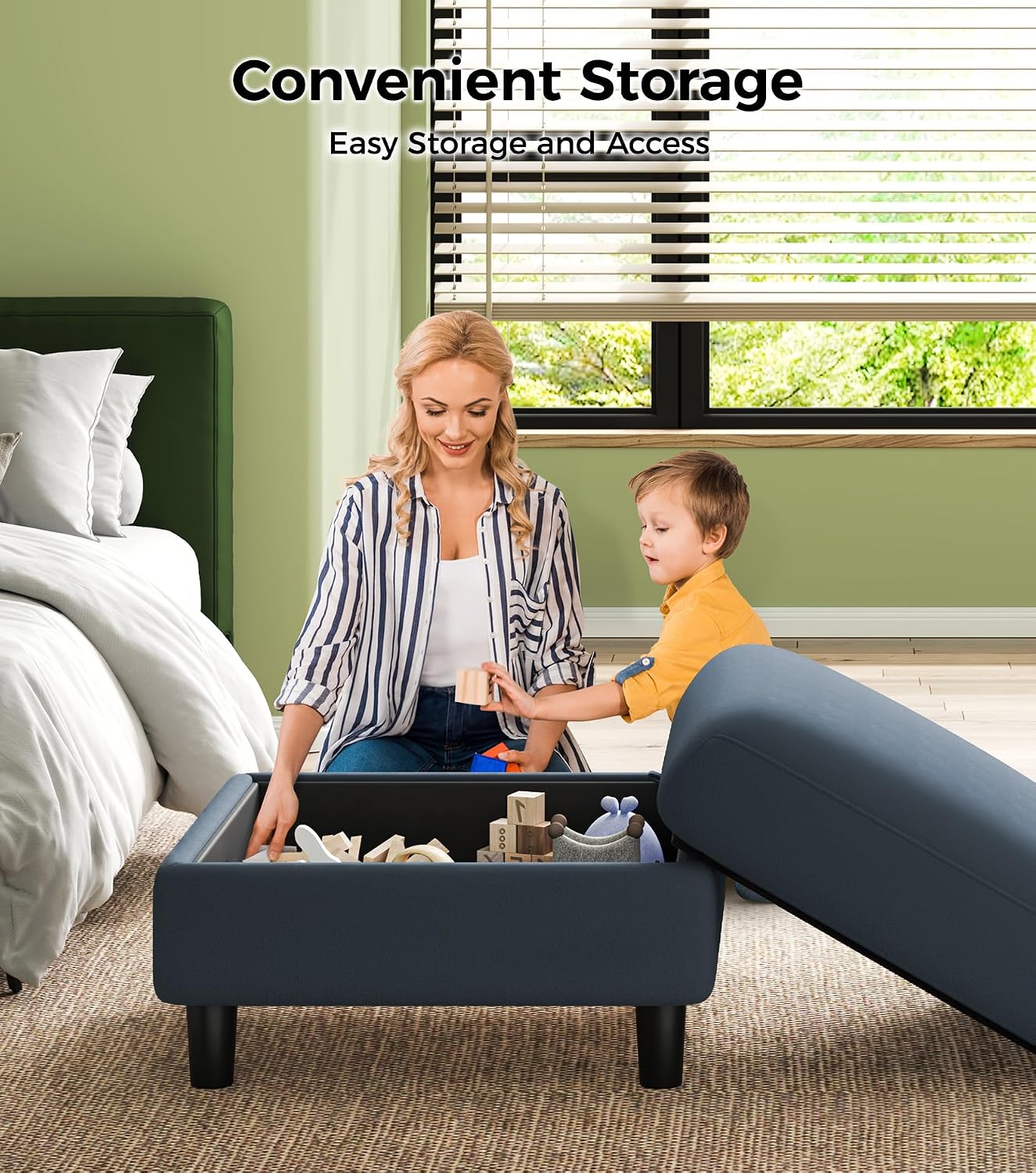 Welzona Teddy Storage Ottoman, 26.7"Large Living Room Ottoman, Coffee Table | All-Wood Ottomans with Storage, Tool-Free Setup Bench for Bedroom, for Welzona Loveseat Sofa Couch Living Room Set, Blue Grey