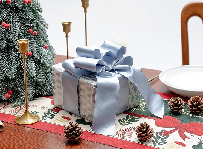 Light Blue Satin Wired Ribbon 2-1/2 Inch Double-Faced Sliver Glitter Christmas Ribbons for Wreath, Tree Decoration, Gift Wrapping, Home Decor 10 Yards