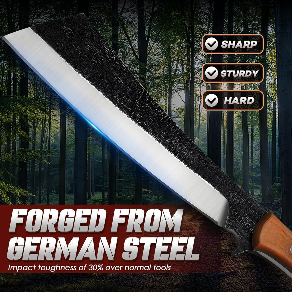 Freelander Japanese Style High Carbon Steel Machete with Red Sandalwood Ergonomic Full Tang Handle and Wood-Leather Sheath — Heavy-Duty Outdoor Tool for Camping, Hiking, Yard Work, and Survival