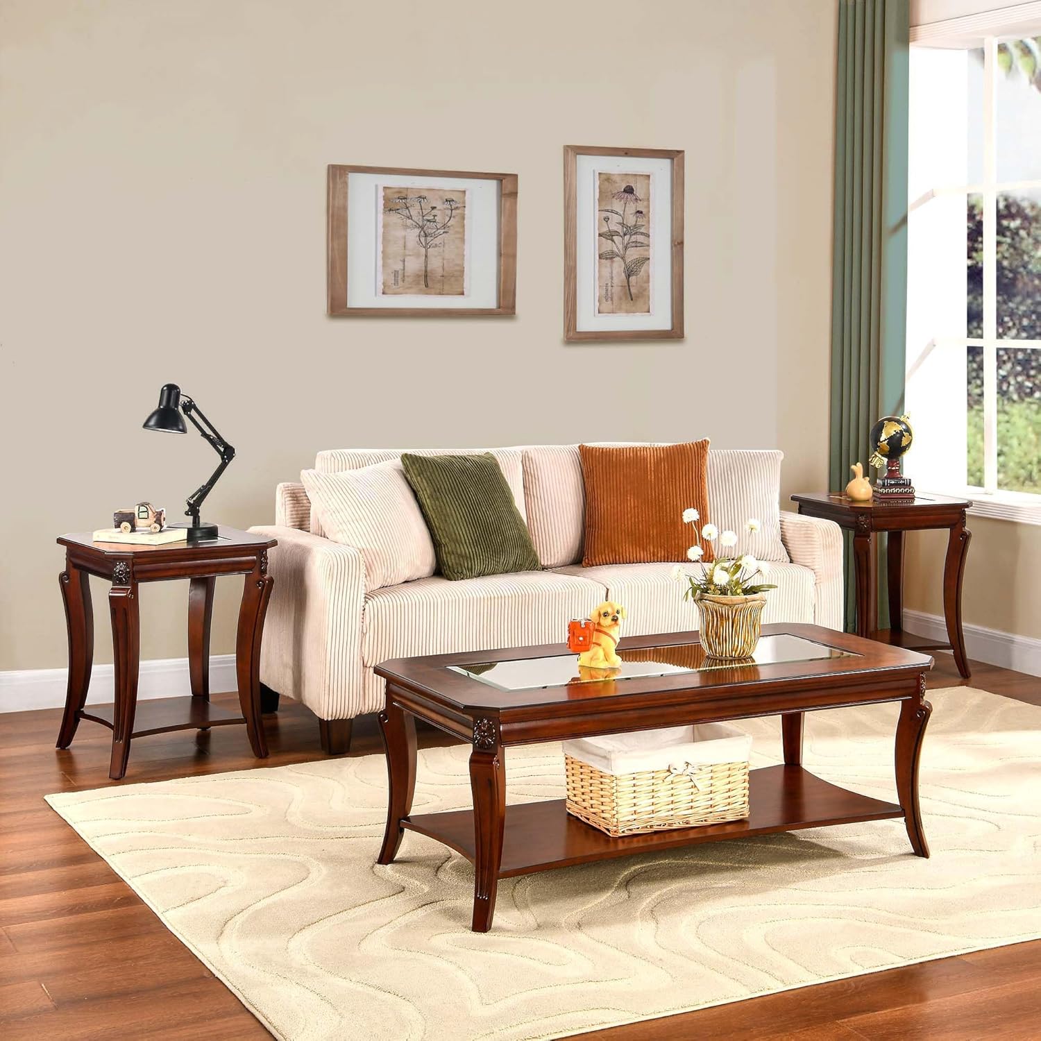 Square High End Side Table with Tempered Glass Top, Farmhouse Sofa Beside Table with Storage Shelf, Living Room Corner Tables with Wood Carved legs, 23.8”H Telephone Tabless, Cherry Brown CJZ-A1168-GT