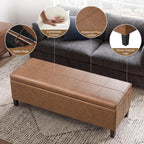 Faux Leather Storage Bench Ottoman, 50 Inch Upholstered Storage Bench with Large Compartment, Durable Accent Seating Bench for Entryway, Bedroom, Living Room Furniture