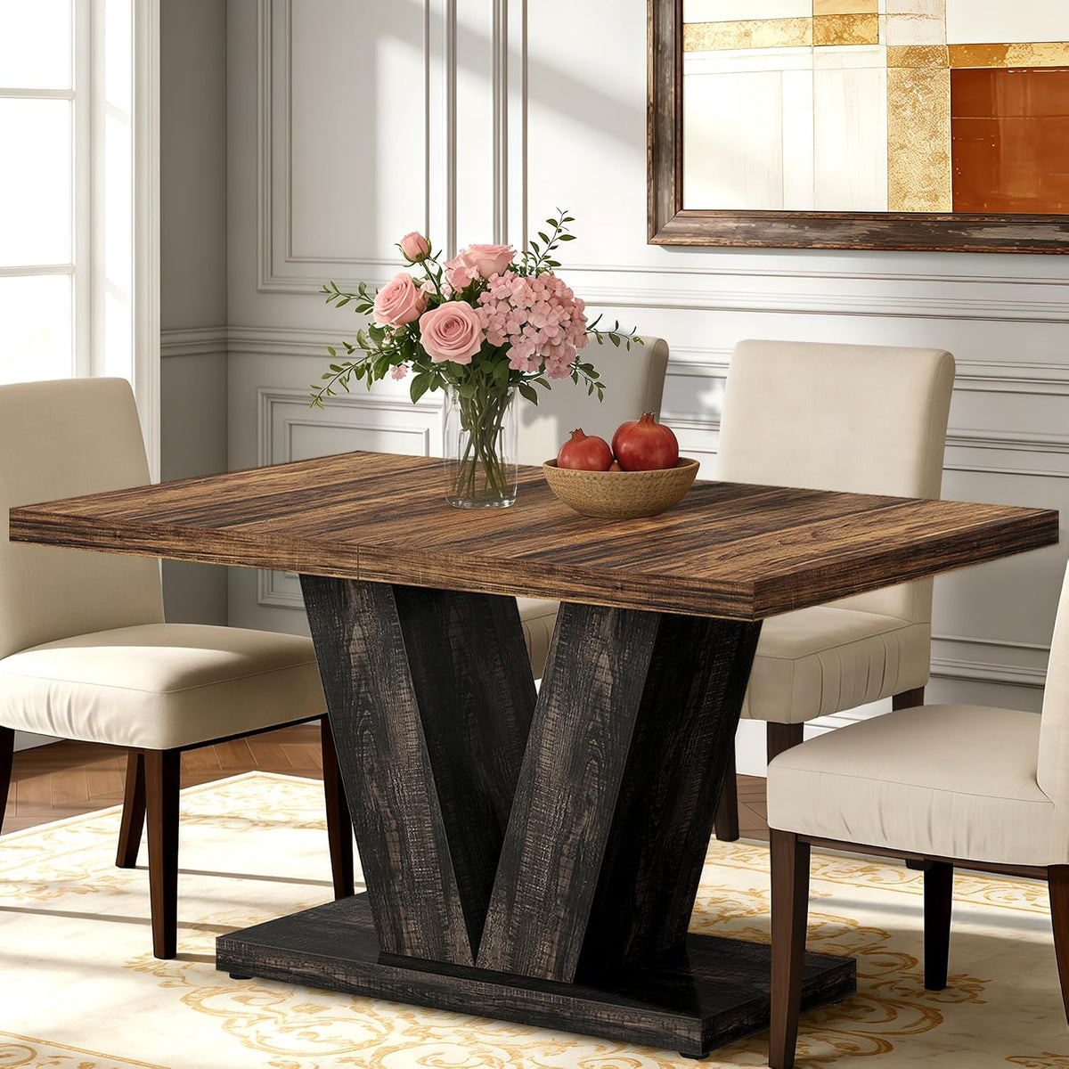 Oigavfd 47 Inch Dining Table, Rectangular Kitchen Table for 4 with Heavy Duty Pedestal Base, Modern Farmhouse Wood Dining Table for Dining Room, Kitchen, and Small Space (Black and Brown)