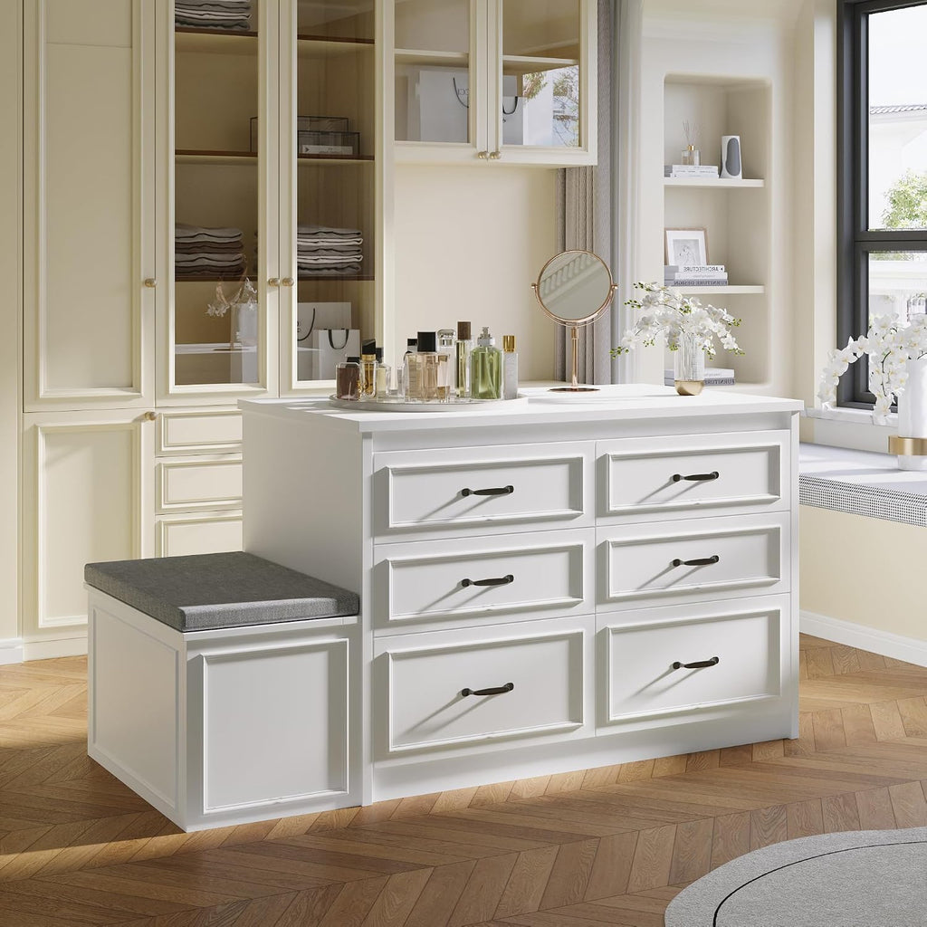 ECACAD 61.9" W Closet Island with Storage Bench & 12 Drawers, Modern Wooden Armoire Wardrobe Dresser Island for Bedroom Walk-in Closet, White