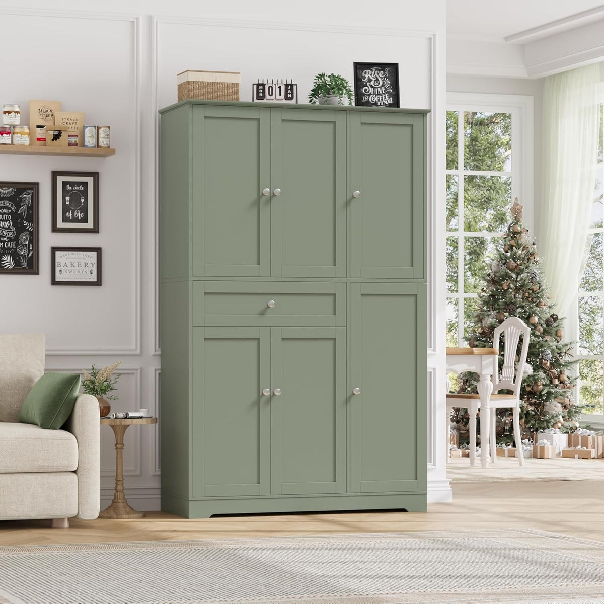 HOSTACK 68" Tall Kitchen Pantry Storage Cabinet with Doors & Shelves, Green | Large Pantry Cabinet with Door Rack, Freestanding Kitchen Storage Cabinet with Drawer, Food Pantry for Dining Living room