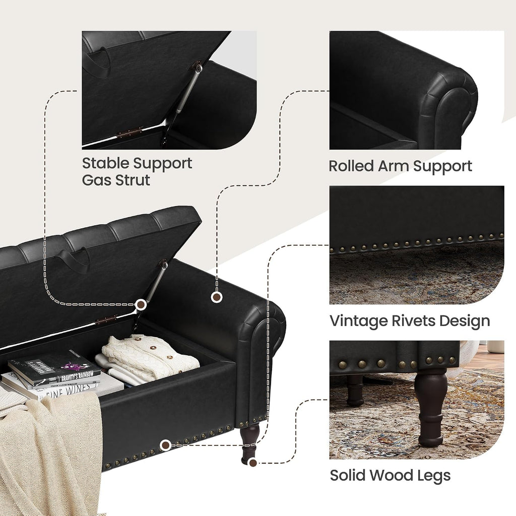 YOUDENOVA 51” Ottoman with Storage, Upholstered Storage Ottoman Bench with Rolled Arms, PU Leather Storage Bench for Bedroom, Living Room, Entryway, Black
