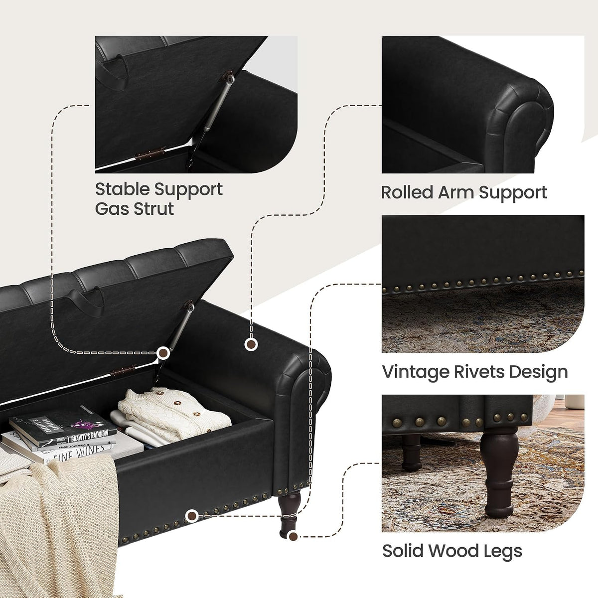 YOUDENOVA 51” Ottoman with Storage, Upholstered Storage Ottoman Bench with Rolled Arms, PU Leather Storage Bench for Bedroom, Living Room, Entryway, Black