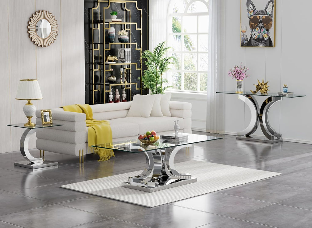 Luxury Silver Glass End Table,Sqaure Sofa Side Table with Shiny Mirrored C-Shape Stainless Steel Base,Clear Glass Accent End Table Bedside Table Nightstand for Living Room Bedroom Office