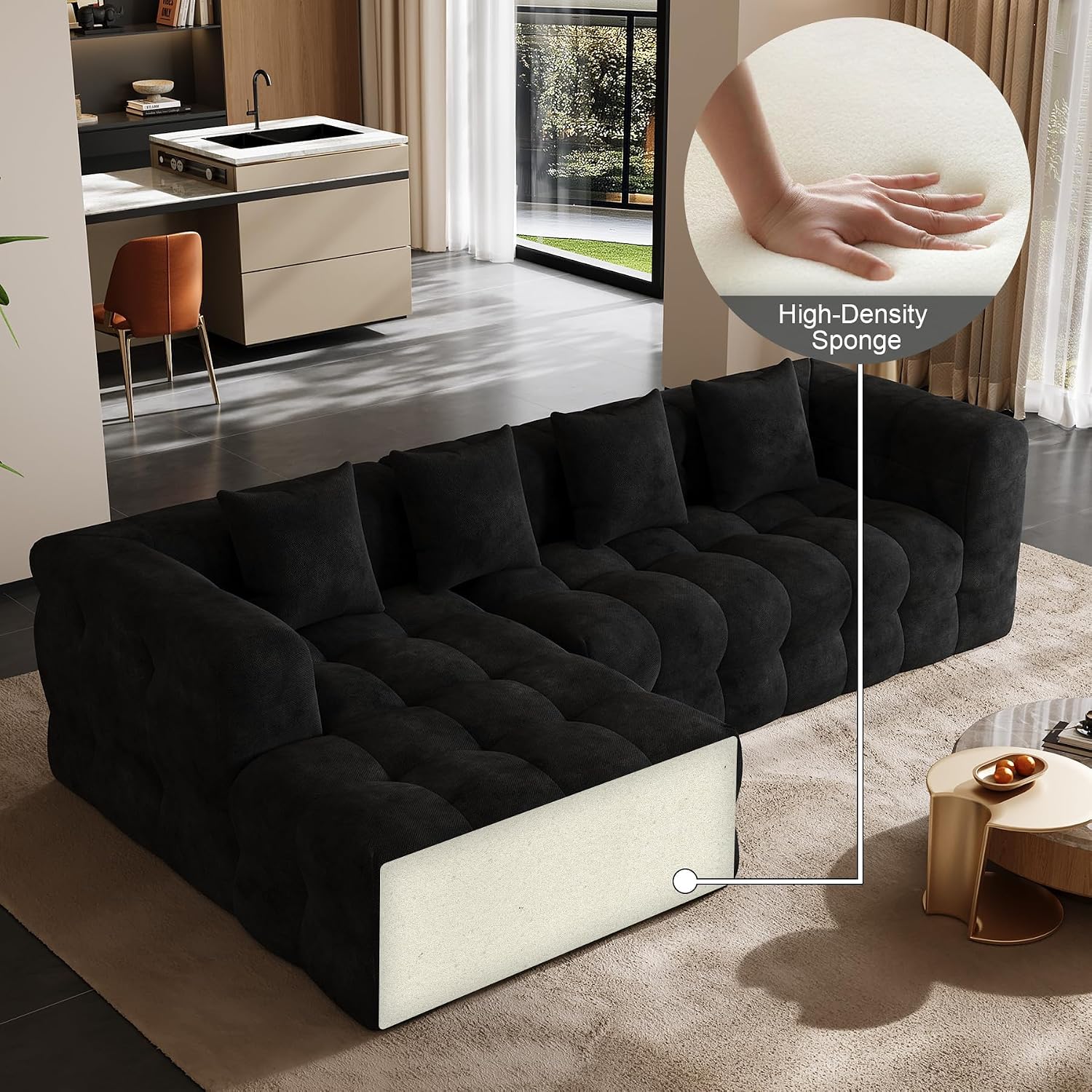 120" Oversized Modular Sectional Couch,Cloud Sectional Sofa with Deep Seat, Modern Modular Couch with 4 Throw Pillows,L-Shaped Chenille Sofa Couches with Left Facing Chaise for Living Room, Black