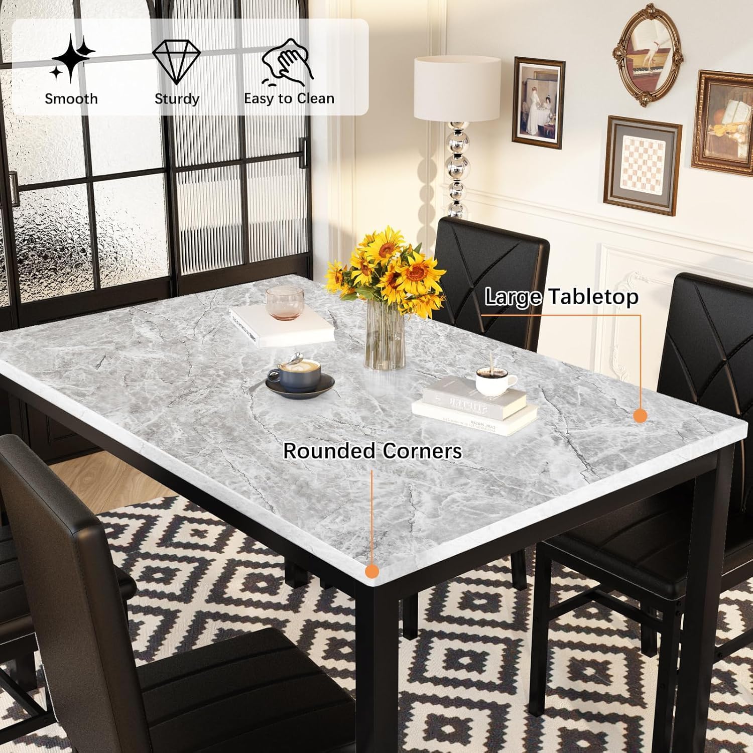 Hooseng Dining Table Set for 4 Faux Marble Kitchen Table and Chairs Set of 4,5 Piece with PU Leather Upholstered Dinner Chairs for Compact Dining Room,Small Space,Black