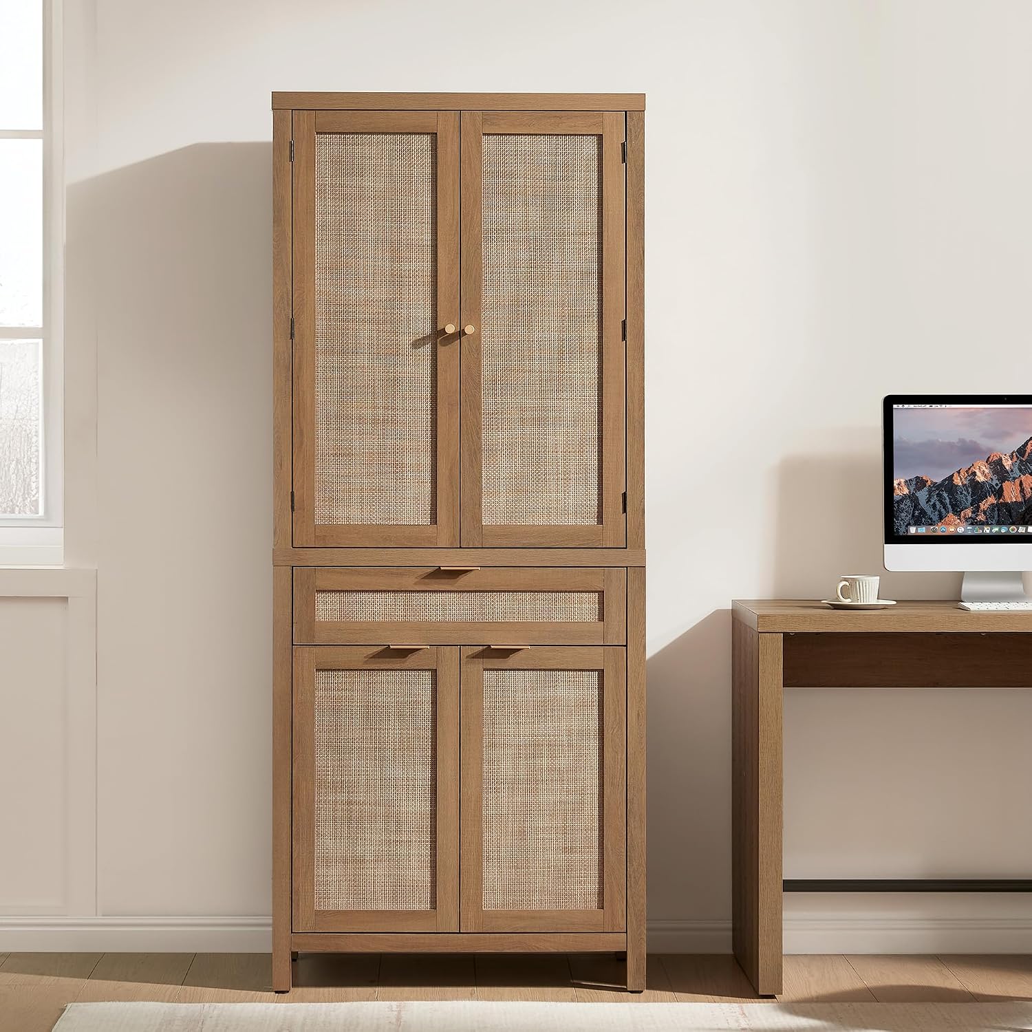 SICOTAS 72 inch Pantry Cabinet with Drawer & 4 Doors, Rattan Buffet Cabinet | Farmhouse Boho Freestanding Cupboard Pantry, Tall Storage Cabinet with Storage for Living Room, Dining Room