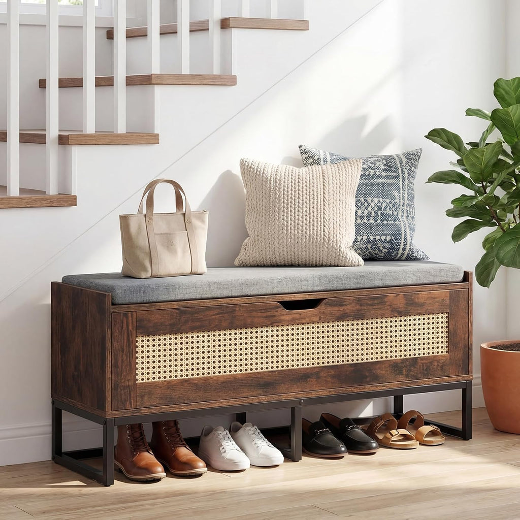 Giantex Rattan Shoe Bench, Flip-Top Entryway Bench with Removable Padded Seat & Hidden Storage, Wooden Shoe Storage Chest with Metal Legs for Bedroom, Hallway, 440 lbs Max Load (Rustic Brown & Black)