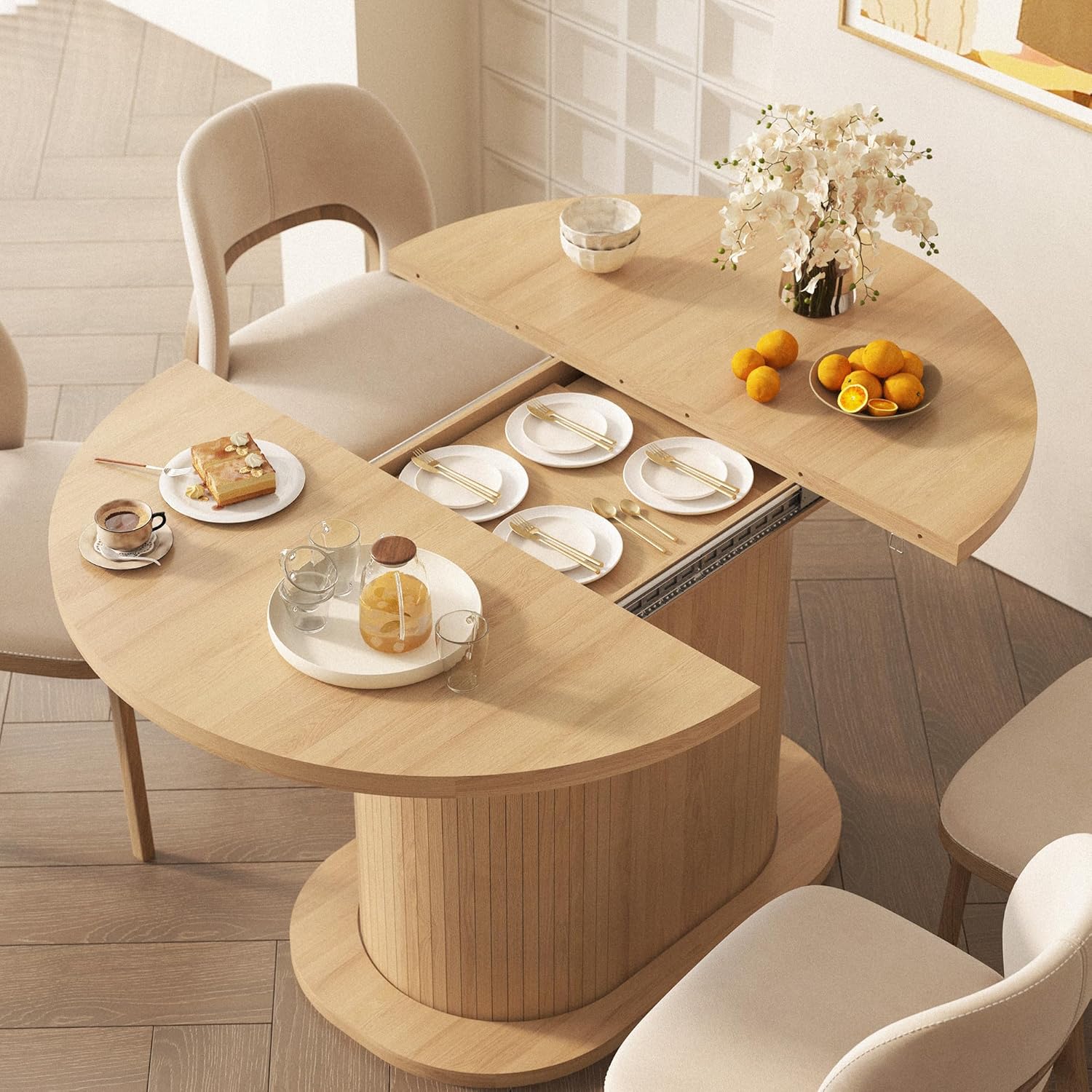 39.37'' to 55.12'' Round Extendable Dining Table for 4-8 People, Expandable Wood Dining Table with Removable Leaf, Space Saving Modern Kitchen Table with Pedestal Base, Natural