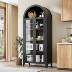 GarveeHome Arched Kitchen Pantry Cabinet - Farmhouse 5 Tier Display Shelf with Adjustable Shelf and 2 Large Glass Doors, Versatile Storage Cupboard for Kitchen, Dining Room, Living Room, Black