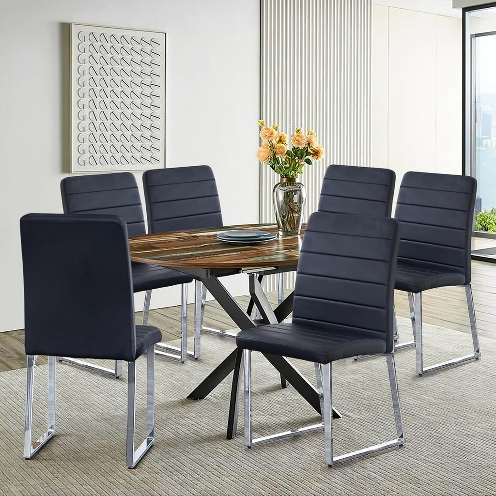 Modern Leather Dining Chairs, Set of 6 | Upholstered Padded Seats with Sturdy Metal Legs, Armless Kitchen & Dining Room Furniture for Home (Black, Set of 6)