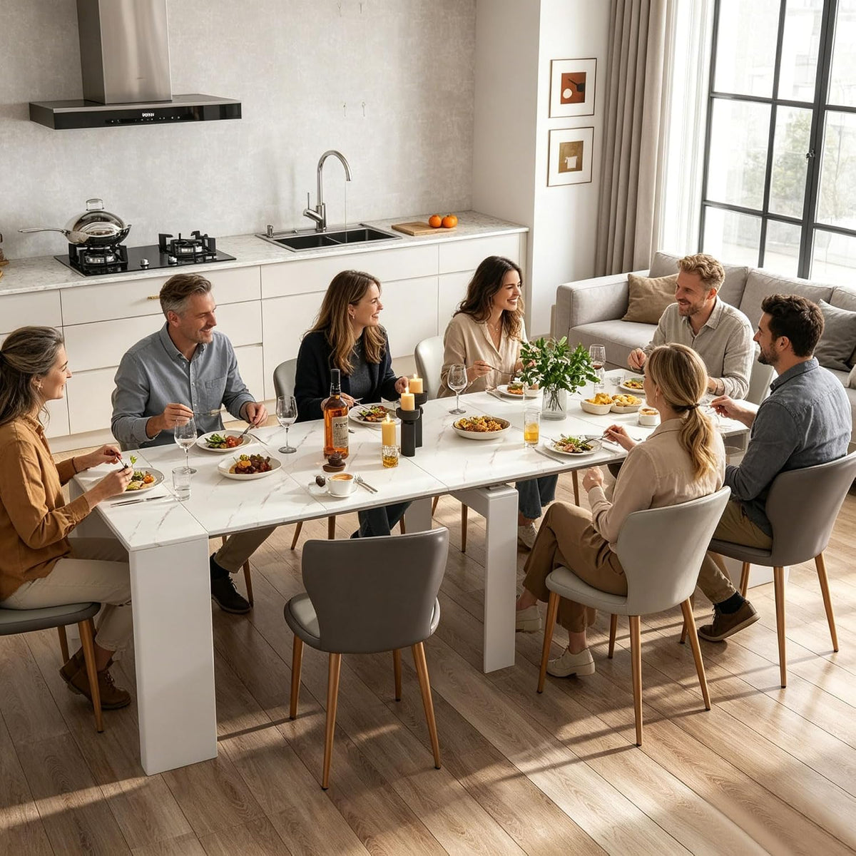 Expandable Dining Room Table, Extendable Table for 10-12 People, Folding Console Table, Space Saving Kitchen Table for Apartment, Marble and White