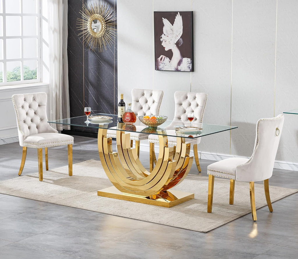 70 inch Tempered Glass Dining Table, Rectangular Glass Kitchen Table with Gold Stainless Steel C Shape Base, 4 to 6 Seater, Modern Dining Room Table for Daily Meals, Dinner Party, Family Gathering
