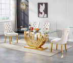 70 inch Tempered Glass Dining Table, Rectangular Glass Kitchen Table with Gold Stainless Steel C Shape Base, 4 to 6 Seater, Modern Dining Room Table for Daily Meals, Dinner Party, Family Gathering