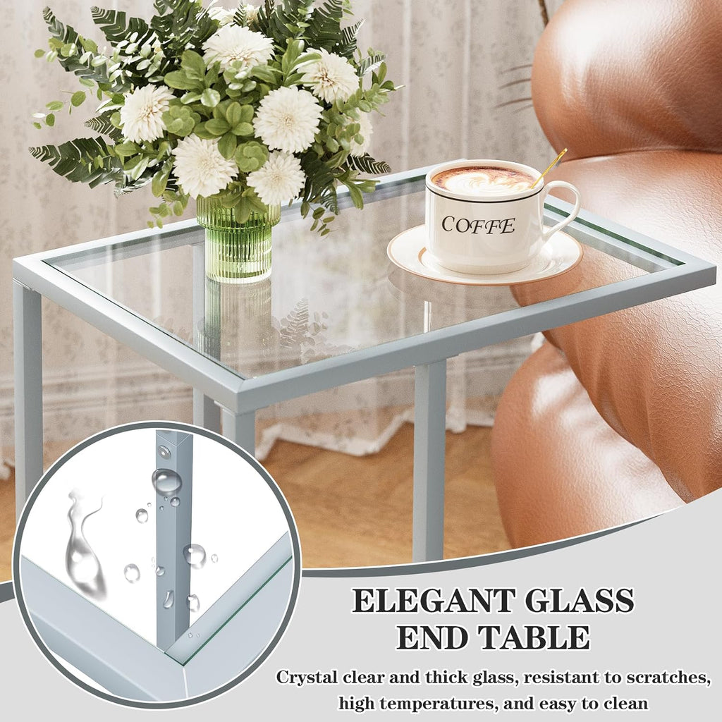 End Table,C Shaped Side Table for Sofa,Glass Couch Tray Snack Dinner Table for Living Room, Bedroom,TV Tray Table for Small Space,Living Room, Bedroom,Easy Assembly (Gray)