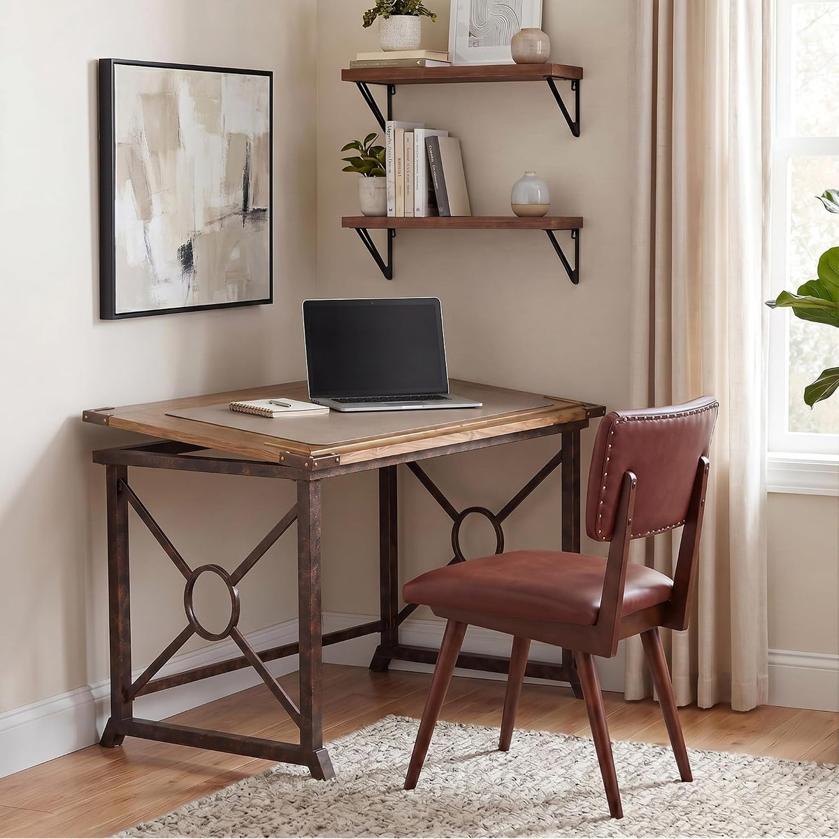 SEI FURNITURE Knightley Tilt Top Drafting Table - 51.5 inch Wide - Oak Wood Finish w/ Antique Brass, Brown
