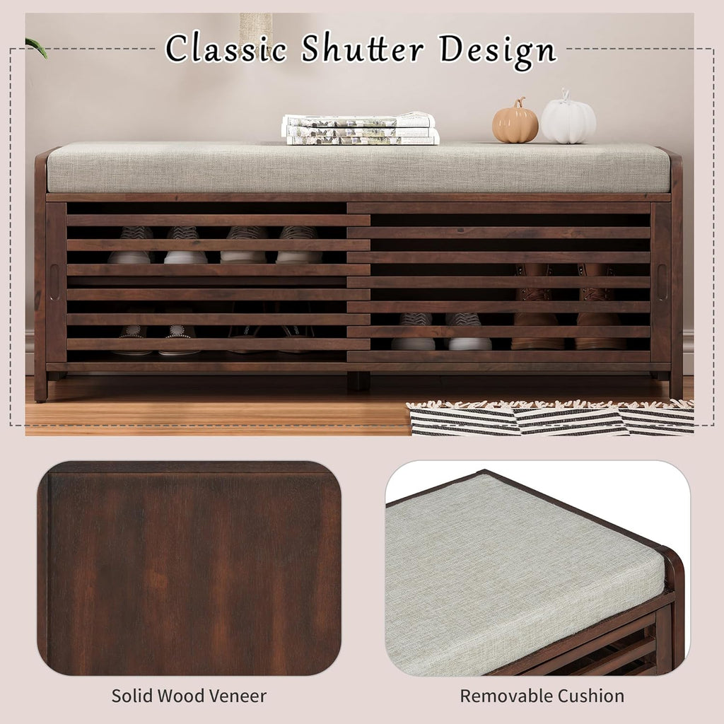 Merax Multipurpose Entryway Storage Bench with Shutter Doors, 43.3" Wooden Shoe Organizer with Upholstered Seat for Entryway, Hallway and Living Room