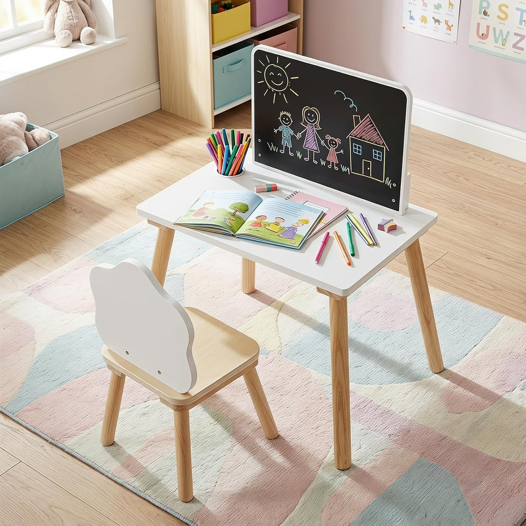 Costzon Weaning Table and Chair Set with Chalkboard | Wooden Kids Table and Chair Set with Brush Pot for Drawing, Learning and Mealtime, Multi Activity Desk for Toddlers
