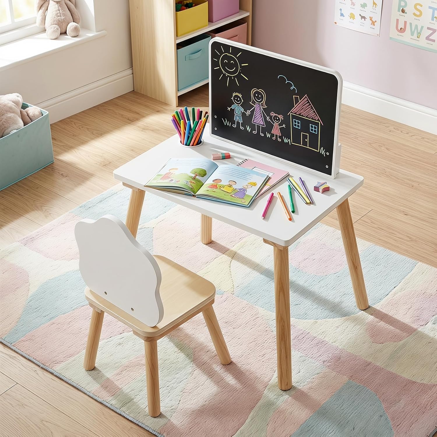 Costzon Weaning Table and Chair Set with Chalkboard | Wooden Kids Table and Chair Set with Brush Pot for Drawing, Learning and Mealtime, Multi Activity Desk for Toddlers