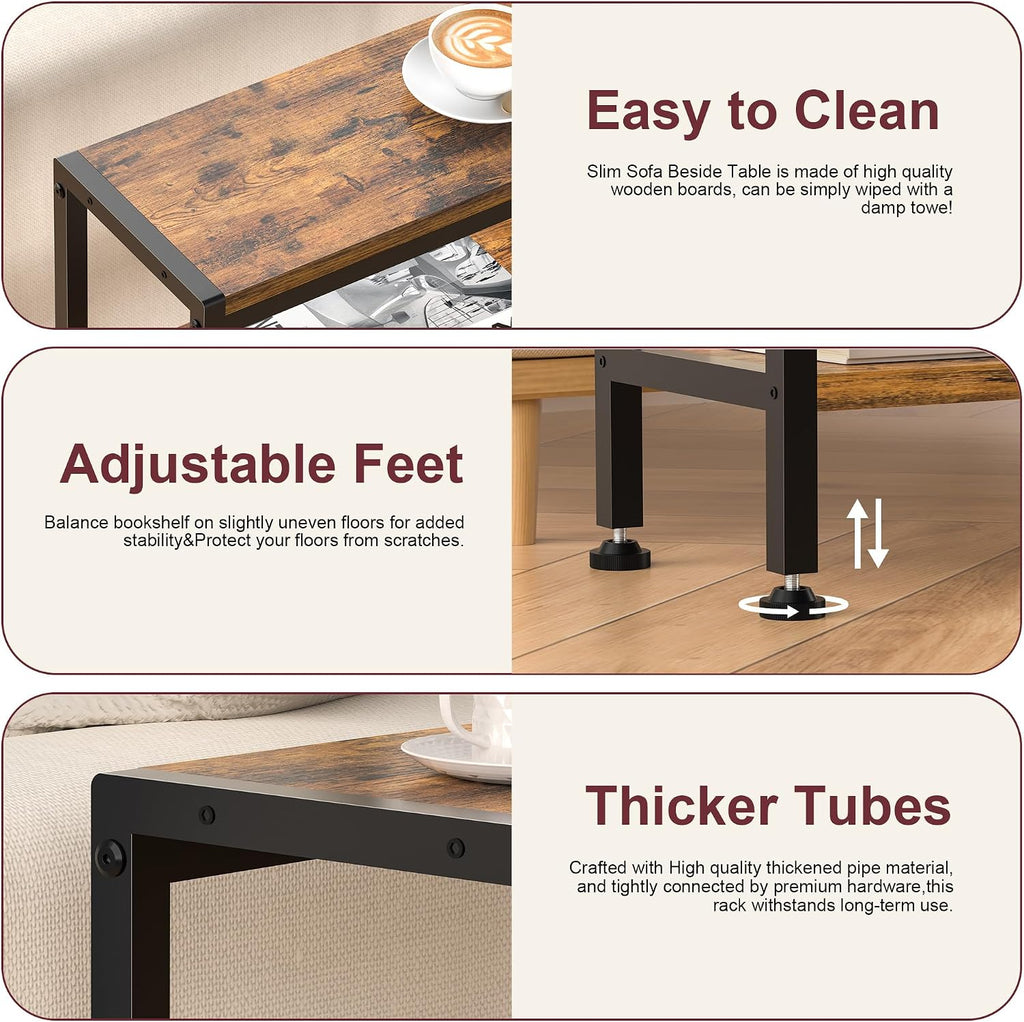 Narrow Side Table for Small Space, 3 Tier Slim End Table, Thin Nightstand, Skinny Snack Couch Table, Sofa Bedside Table in Living Room, Bedroom, Study, Kitchen and Balcony (Rustic Brown)
