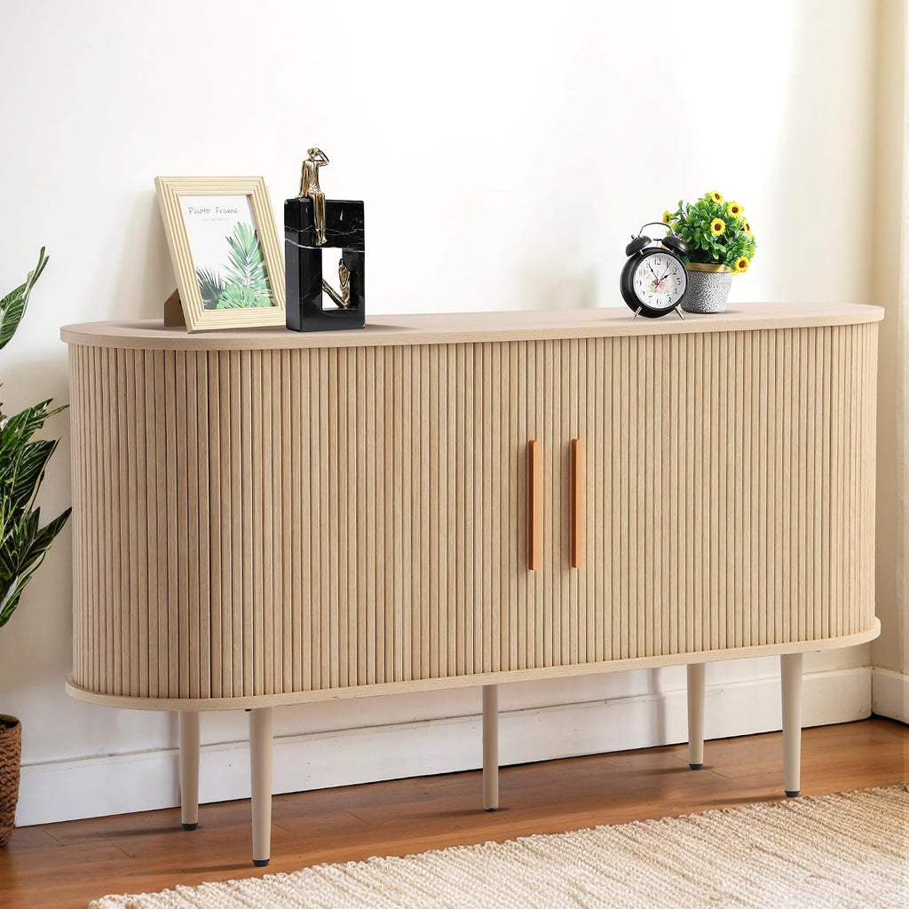 Grepatio 55" Sideboard Buffet Cabinet with Fluted Slide Doors, Tambour Storage Cabinet with Shelves, Modern Credenza Sideboard Buffet Console Cabinets for Living Room Hallway Entryway (Natural)
