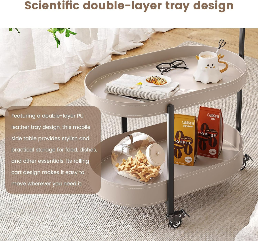 Oval End Table with Storage Shelves, 2-Tier PU Leather Tray Side Table with Wheels, Modern Sofa Table & Nightstand for Bedroom, Living Room, Compact Rolling Tray Table with Lockable Casters