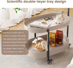 Oval End Table with Storage Shelves, 2-Tier PU Leather Tray Side Table with Wheels, Modern Sofa Table & Nightstand for Bedroom, Living Room, Compact Rolling Tray Table with Lockable Casters