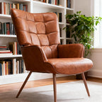 Kosydown PU Leather Wingback Accent Chair with High Back & Tufting, Brown | Comfortable single seating high back armchair with elegant tufted leather for living room, bedroom, office & reading room.