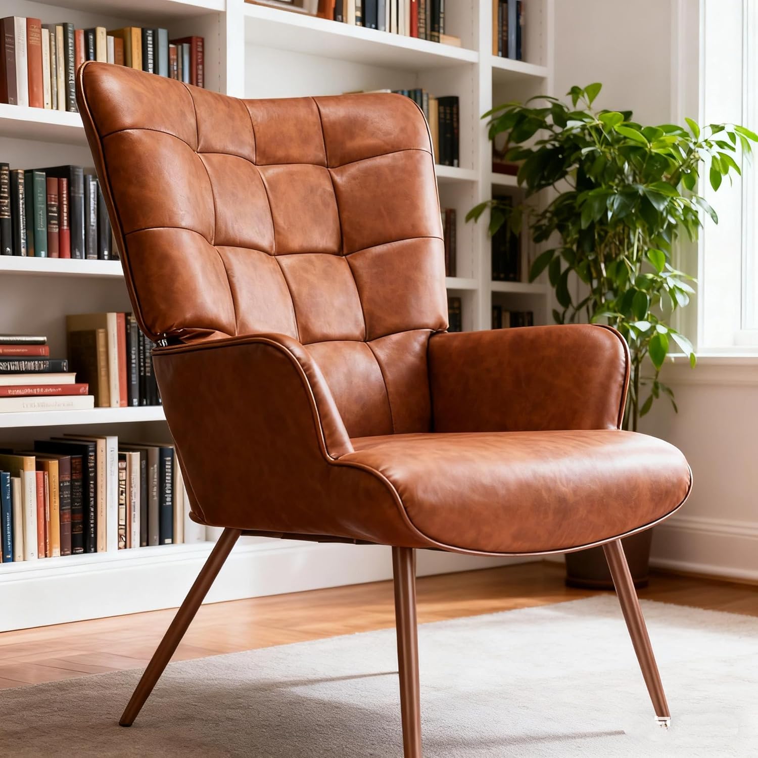 Kosydown PU Leather Wingback Accent Chair with High Back & Tufting, Brown | Comfortable single seating high back armchair with elegant tufted leather for living room, bedroom, office & reading room.