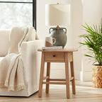 Solid Rubberwood Round Side Table with Drawer, Natural Oak Painted Finish Sofa End Table & Nightstand for Living Room, Bedroom