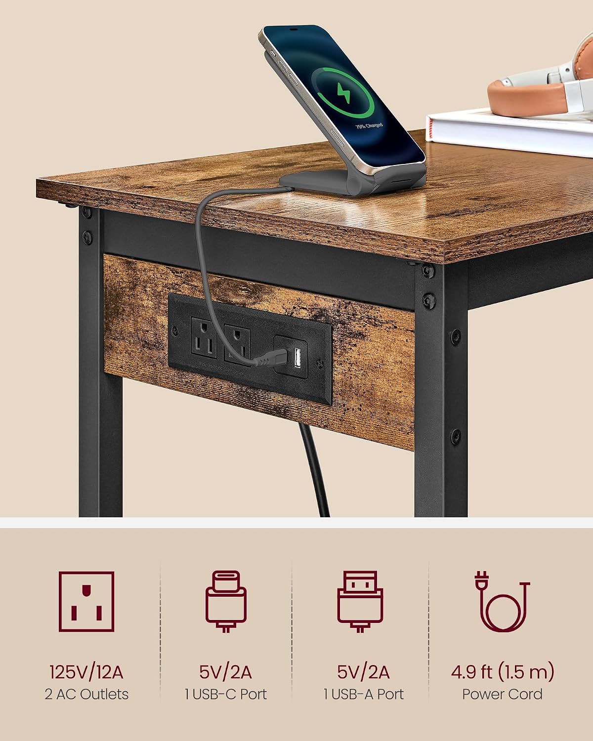 VASAGLE Bar Table with Power Outlets, Computer Desk, 47.2" W | Stable Metal Structure, Modern Basic, Rustic Brown and Matte Black, BARNET Collection ULBT121K01