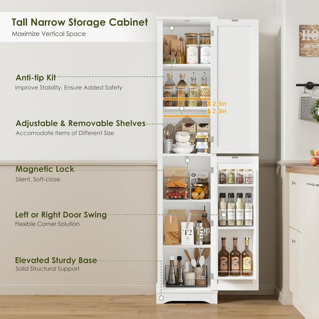 HIFIT 2 Set 71" Tall Narrow Storage Cabinet with 2 Reversible Doors, Small Kitchen Pantry Cabinet with Adjustable Shelves & Spice Rack, Slim Storage Cabinets for Bathroom, Living Room, Entryway, White