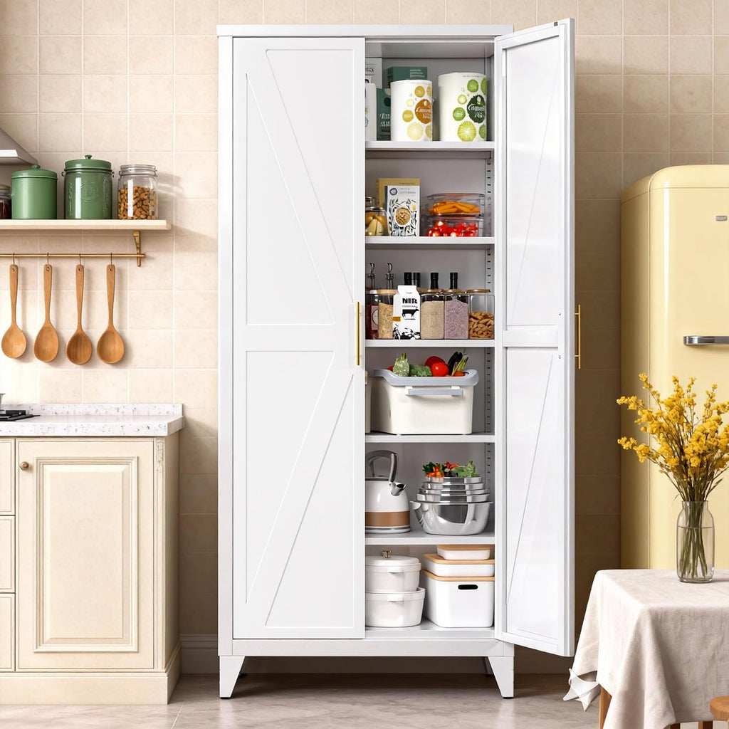 Metal Pantry Cabinet, 75.3-Inch Tall, 5 Adjustable Shelves, White | 75.3"H x 31.5"W x 15.75"D steel cabinet with 5 adjustable shelves, embossed doors, adjustable feet, and required assembly.