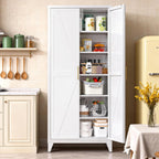75" Tall Metal Pantry Cabinet, White Kitchen Storage Cupboard with 5 Adjustable Shelves, Heavy Duty Steel Food Organizer for Dining Room, Laundry Room, Living Room, Required Assembly