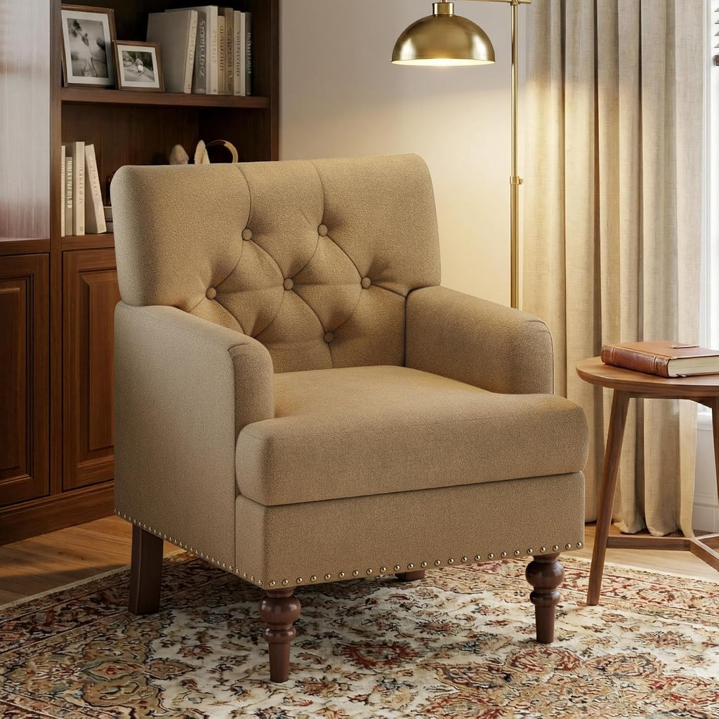 MALOL Upholstered Accent Chair Set of 2, Comfy Reading Chair for Living Room, Mid Century Modern Armchair with Thick Cushion & Solid Rubberwood Legs, for Bedroom/Small Spaces, Brown